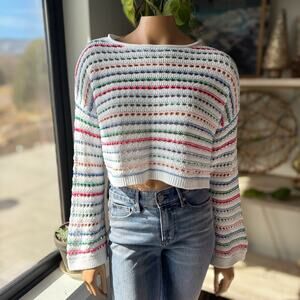Hollister Easy Crochet Crew Sweater Multi-Color Striped White Open Knit - Small
